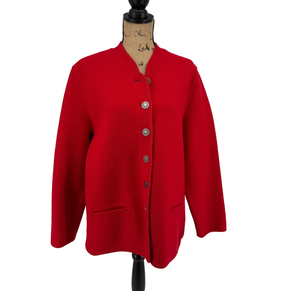 Scheiber M Heavy Boiled Wool Jacket Women's 12 Silver Medallion Button Front Red